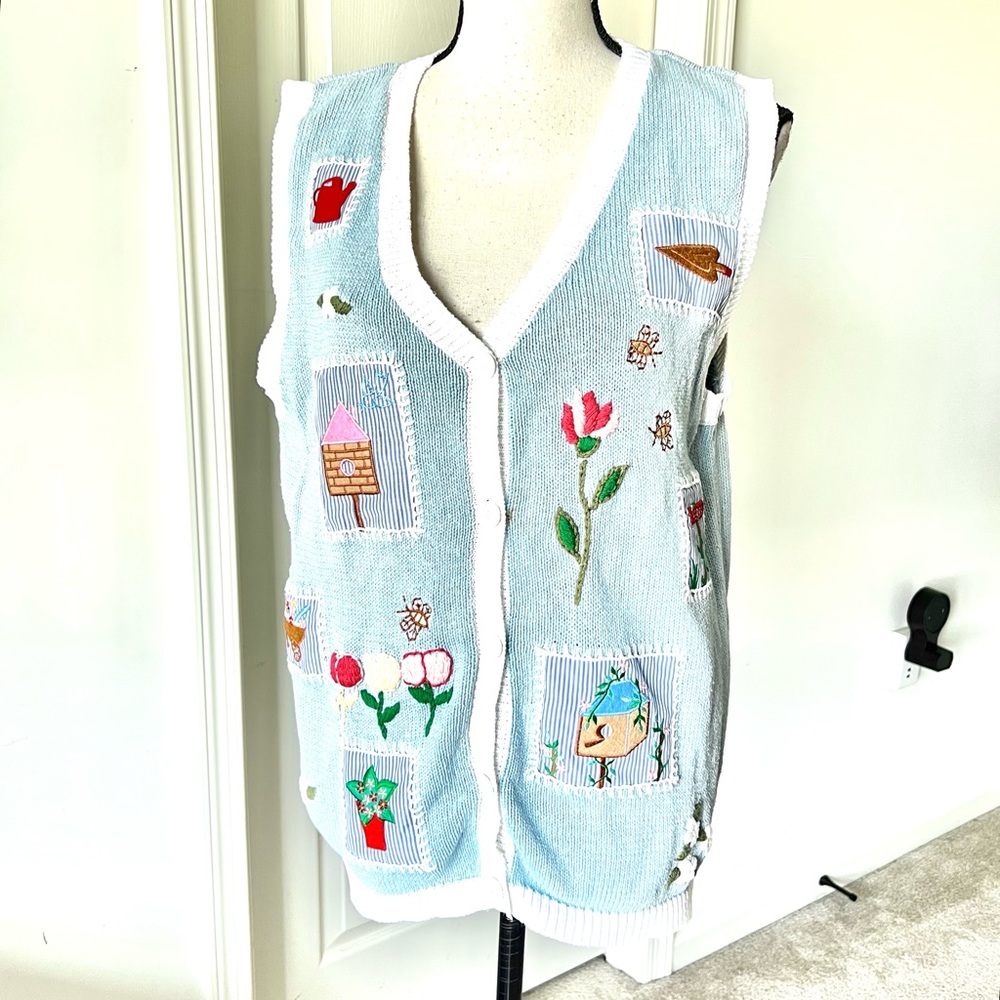 Vintage 80s CAPACITY Spring Garden Bloom Sleeveless Cardigan Sweater—SZ. L